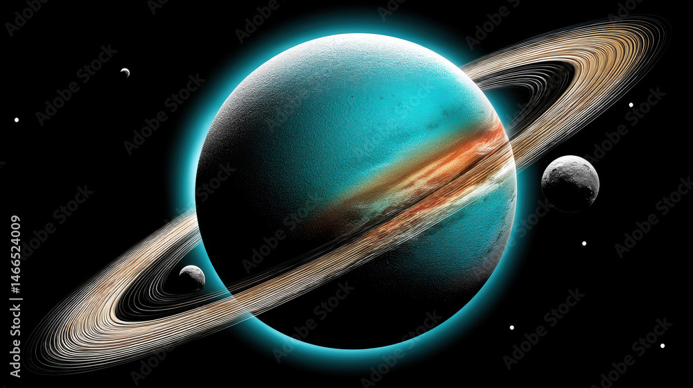 Poster vibrant 3d render of blue and orange gas planet with detailed rings and multiple moons orbiting in d