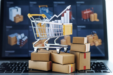 Mini shopping cart with upward graph sits on cardboard boxes on laptop, symbolizing online business growth and e-commerce success