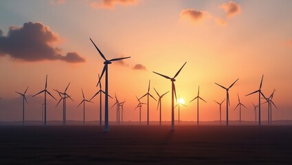A vast wind farm at dawn, with turbines rotating slowly against a stunning sky of pink, orange, and yellow, capturing the peaceful start of a new day.