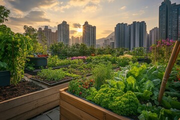 Fototapeta premium Urban rooftop garden landscape at sunset, lush and vibrant.