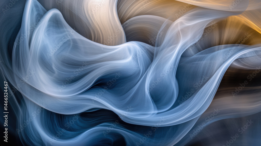 Poster abstract experimental photography of flowing blue and beige smoke waves blending into smooth, ethere