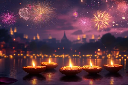Diwali celebration with candles floating on water and fireworks in the background at night time
