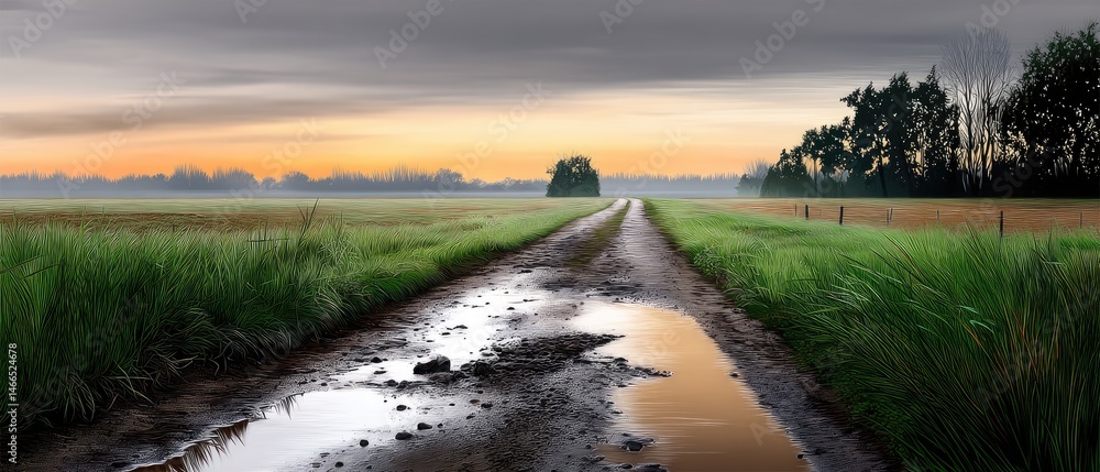 Poster raining morning quiet concept. a serene landscape featuring a muddy path with reflections, bordered 