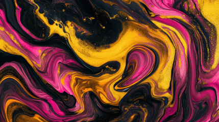 Abstract experimental photography close up shot of swirling ink in water golden yellow and neon pink blending seamlessly into otherworldly organic pattern of ink storm spiral mesmerizing dance