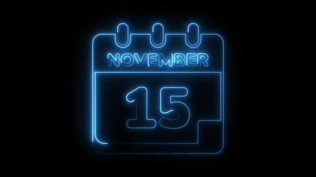 November 15th date calendar icon glowing blue neon light on black background
