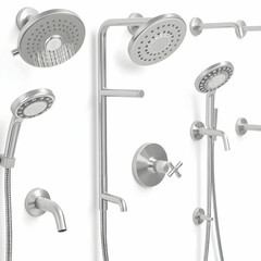 Row of shower heads and faucets on white background