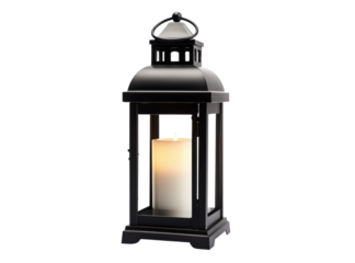 black metal lantern with bright burning candle isolated on white or transparent png