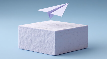 Paper airplane floats above textured white cube on soft blue background, creating abstract and surreal composition with hyperrealistic details and smooth lighting