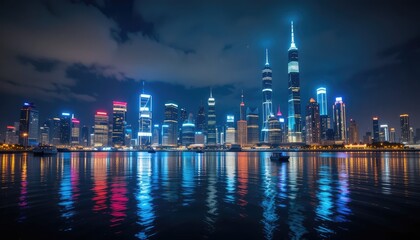 Fototapeta premium Shanghai Skyline at Night: A Dazzling Display of Urban Lights