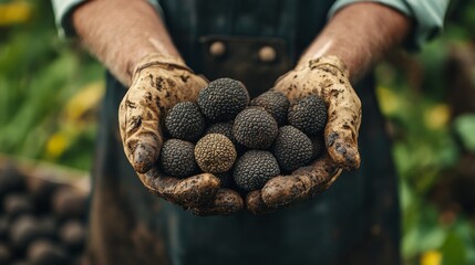 Farmer displaying freshly dug black truffles emphasizing their value and rarity