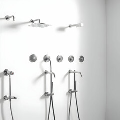Row of shower heads and faucets on white background