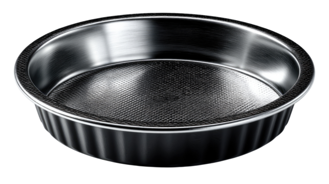 Black Round Baking Pan: A sleek, black, round baking pan with a fluted edge, ideal for baking cakes, pies, or quiches.  Its non-stick surface ensures easy release and cleanup.