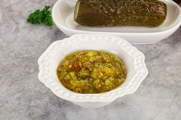 Souce gherkin relish with marinated cucumbers