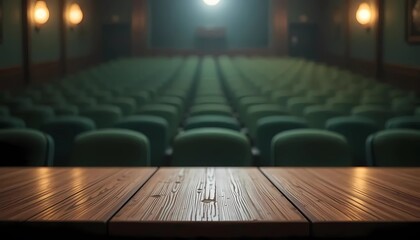 Wooden table with blurred background of movie theater. Generative ai