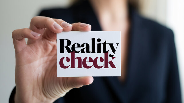 Close-up of hand holding card with text "Reality Check", showcasing a concept of self-awareness and critical thinking in business