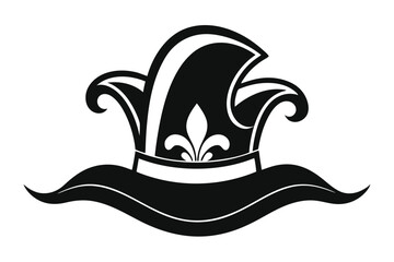 Detailed black silhouette reveals an exquisite jester hat design on white backdrop