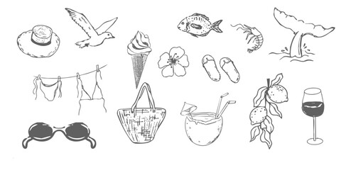 Summer seashore greek sea tourism, rest sketch drawing. Line hand drawn beach party elements. Vacation doodle tropical print.