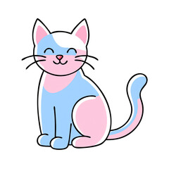 Cute cartoon cat with pastel blue and pink fur, smiling and sitting upright with a curved tail.