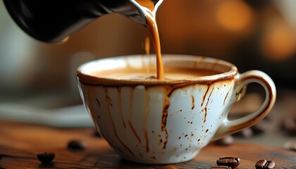 Pouring fresh coffee into a rustic cup cozy kitchen beverage photography warm environment close-up comfort and ritual