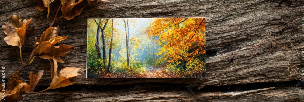 Poster vibrant autumn colors on a postcard placed on rustic wood celebrating the beauty of fall foliage and