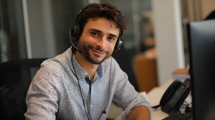 Smiling Brazilian Customer Support Representative with Headset in a Bright Office Offering Friendly Ethnic Assistance to Brazilian Customers