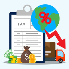 Reducing taxes and fees on global import and export of goods concept. Truck delivery goods with tax document on clipboard, dollar money and arrow percentage down on earth for symbol reduction tariff.