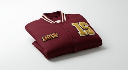 Burgundy Letterman Jacket with Gold Patches on White