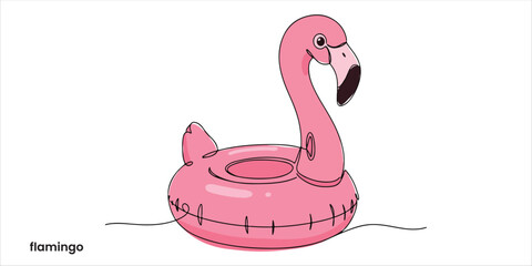 Cute inflatable pink flamingo toy continuous single line art drawing sketch on white background