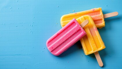 Summer treats colorful ice pops on a blue surface food photography vibrant kitchen environment close-up view