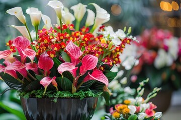 Vibrant arrangement of colorful flowers displayed elegantly at a floral exhibition in spring