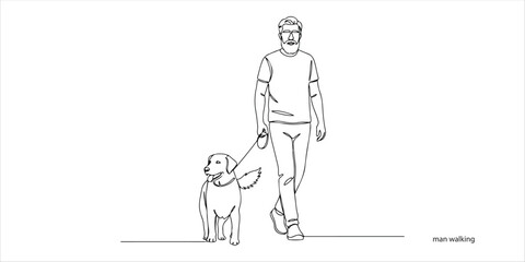 Mature man walking the dog continuous single line art drawing sketch on white background