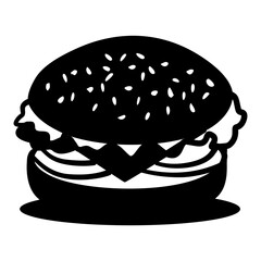 Black and white drawing of a hamburger. The hamburger is topped with lettuce and tomato