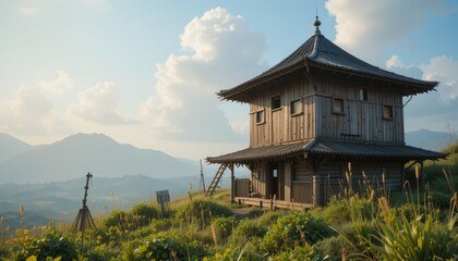 Tranquil Mountaintop Pavilion: A Serene Asian-Inspired Wooden House with Breathtaking Views