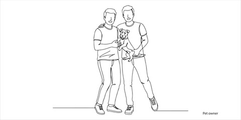 Pet owner posing with his dog continuous single line art drawing sketch on white background