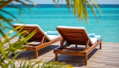 Obraz premium Relaxing beach loungers overlooking crystal clear water tropical paradise lifestyle photography serene atmosphere