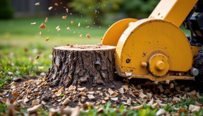 Tree stump grinding action residential yard machinery outdoor close-up landscaping solutions