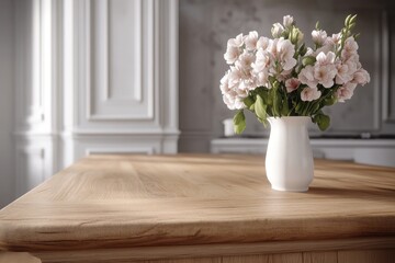 Delicate bouquet of pale pink flowers in a white vase on a light brown wooden table