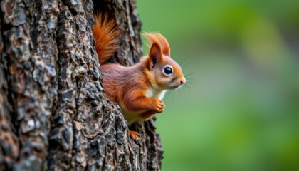 Squirrel jumping from tree bark forest environment wildlife photography close-up perspective nature concept