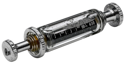 Vintage Medical Syringe: A detailed shot of an old-fashioned glass syringe with metallic accents, highlighting the design, craftsmanship, and vintage appeal of this essential medical instrument. 