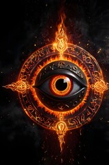 Mystical flaming eye symbol surrounded by ancient runes and glowing particles, magical fire effects, hypnotic center, black background, tribal fantasy style, high detail 3D render,Generative Ai
