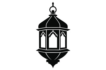 Single black silhouette of an old lantern shines brightly against a white background