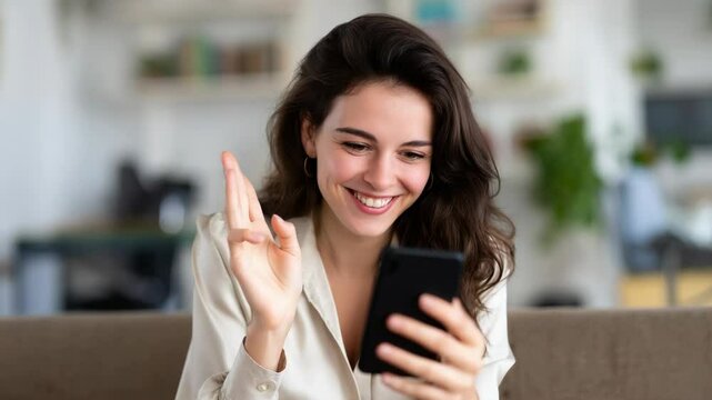 A smiling woman engaging with her smartphone in a modern, cozy living space.