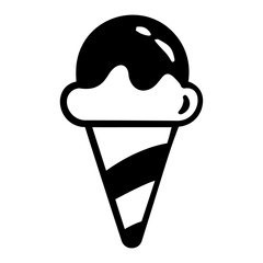 Simple black and white drawing of an ice cream cone with a chocolate drizzle