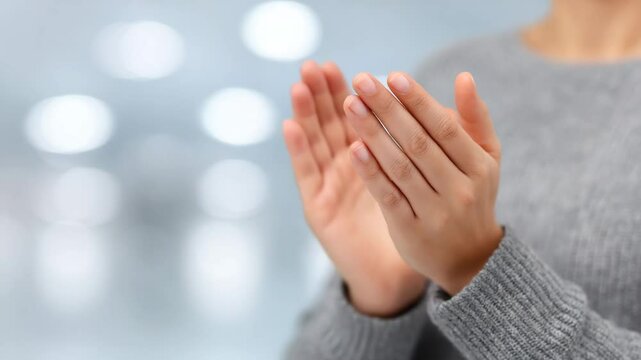 Applauding Hands: A close-up of hands demonstrating applause, expressing appreciation or approval in a neutral setting.