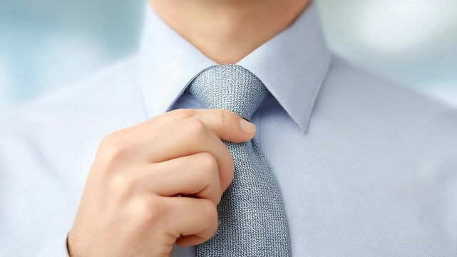 Ready for the Meeting: A close-up of a businessman adjusting his tie, capturing the moment of preparation and confidence that precedes an important meeting.