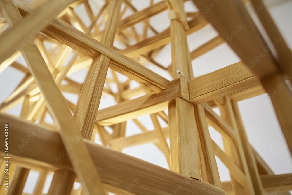 Poster detailed close-up view of a wooden structure's intricate framework.