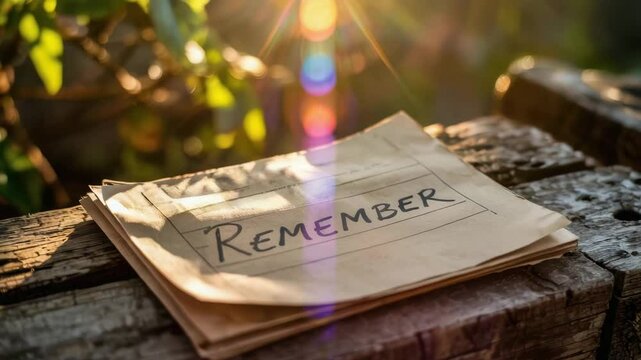 Mechanical consulting note with word remember written on paper lies on rustic wooden surface under warm sunlight outdoors for peaceful writing