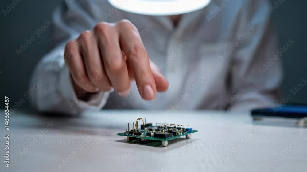 Poster careful consulting on mechanical circuit board technology with focused hand work on electronic compo