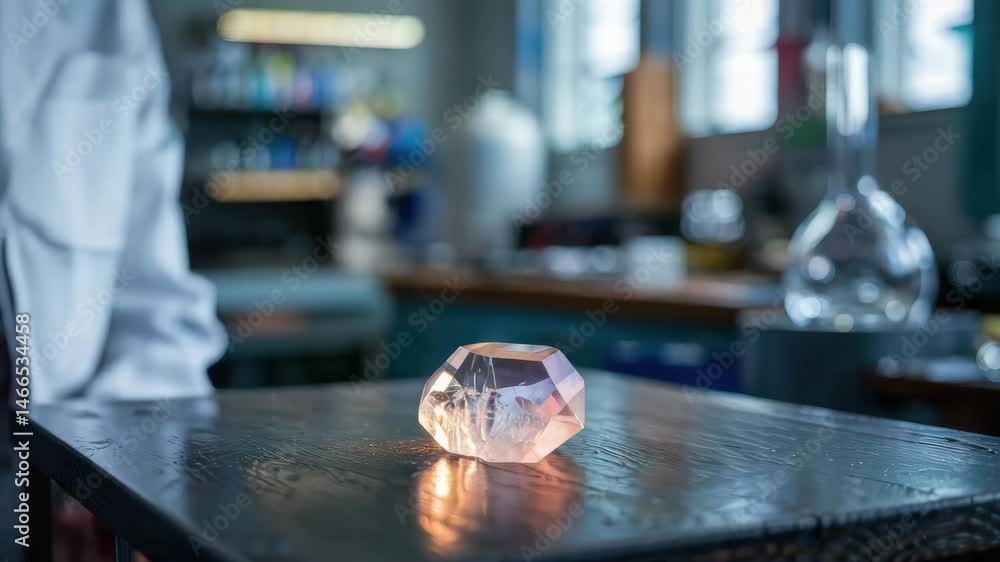 Aufkleber mechanical consulting expert points at faceted crystal on wooden table in softly lit room creating c