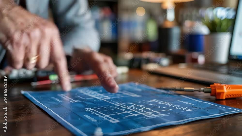 Poster mechanical consulting blueprint on wooden desk with hand and finger pointing near tools and laptop i